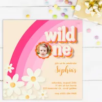 Retro Wild One Daisy Pink Photo Invitation | Boho 