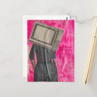 Woman With Vintage TV Head Collage on Newspaper Postcard