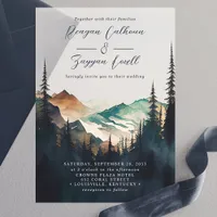 Watercolor Mountains Pine Forest Script Wedding Vellum Invitations