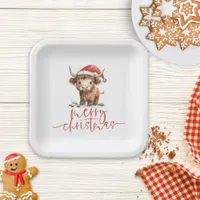 Highland Cow in Santa Hat Merry Christmas Paper Plates