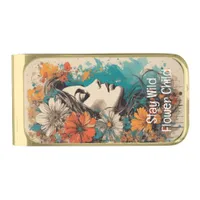 Hippie Flower Power Retro Woman Portrait Gold Finish Money Clip