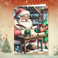 Santa and Elf Christmas in the North Pole Holiday Card