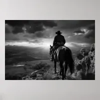 Cowboy on horseback at sunset B&W photo