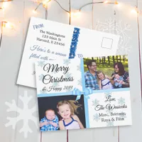 Merry Christmas Family Photos Blue Snowflakes Holiday Postcard