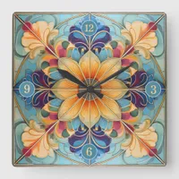 Colorful Floral Tile Pat# Powder Blue Gold ID1078 Square Wall Clock