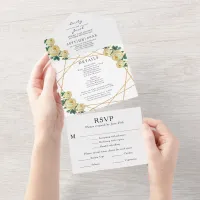 Gold Glitter Geo Yellow Floral Wedding Detail RSVP All In One Invitation