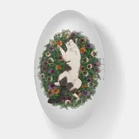 Gray and White Tiger Tabby Cat in Pansies Paperweight