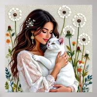 Beautiful Woman, Cat and Dandelions Poster