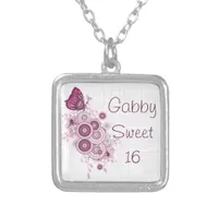 Pink Butterfly Sweet 16 Birthday Silver Plated Necklace