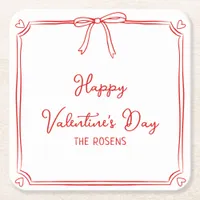 Custom Valentine's Day Party Cute Red Bow Hearts Square Paper Coaster