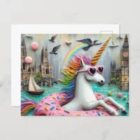 Adorable Unicorn floating on a Doughnut City River Postcard