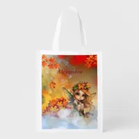 Cute Autumn Fairy with Fallen Leaves Grocery Bag