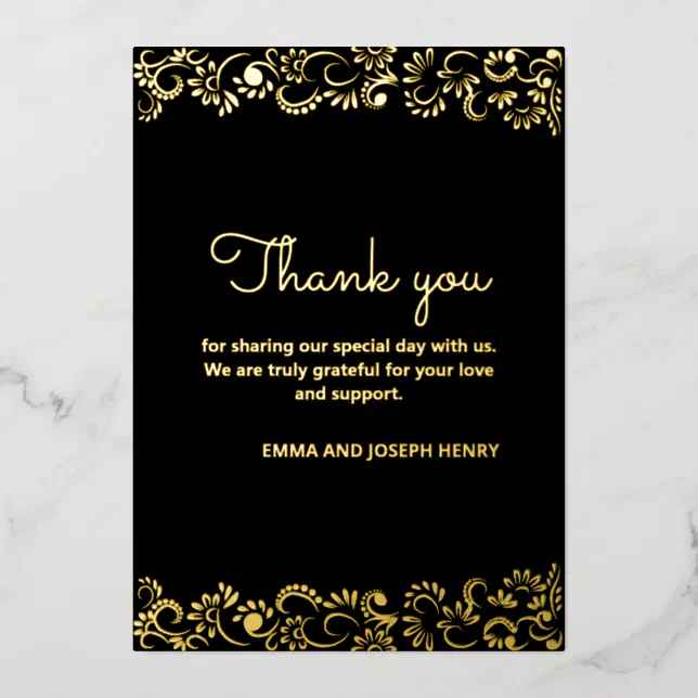 Elegant simple black floral foil thank you card