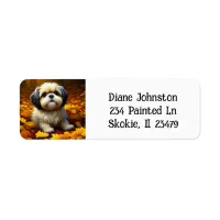 Shih Tzu Puppy Dog Playing in Fall Leaves   Label