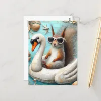 Squirrel on Floating Swan Funny Cute Postcard