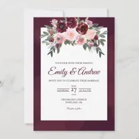Burgundy Rose Elegant Floral Watercolor Wedding Invitation