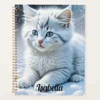 Cute White Cat Playing in the Snow Personalized Planner