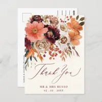 Burgundy Orange Floral Fall Wedding Thank You Postcard