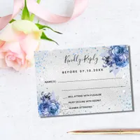 Silver blue florals elegant wedding RSVP