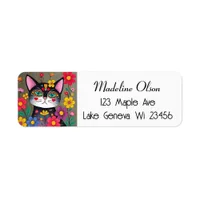 Cute Folk Art Black Cat and Flowers Label