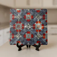 Bold Crimson Red and Blue Abstract Mid-Century Ceramic Tile