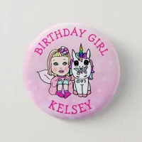 Pink Unicorn and Fairy Birthday Girl Button