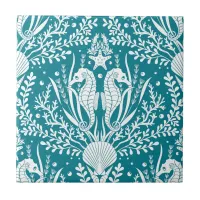 Coastal Damask Seahorses Ocean Teal Blue White Ceramic Tile