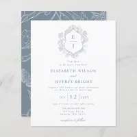 Budget Dusty Blue Floral Crest Monogram Invitation