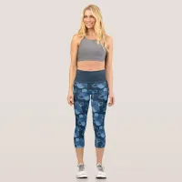 Navy Denim Tropical Flower Print Capri Yoga Pants