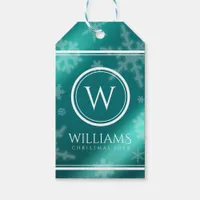 Festive Light Blue Foil Snowflakes Monogram Name Gift Tags