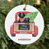 Black Lab Puppy Dog Vintage Red Christmas Truck Ceramic Ornament