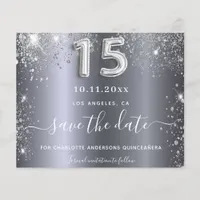 Quinceanera silver glitter budget save the date flyer