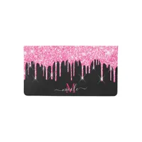 Monogram Name Hot Pink Dripping Glitter on Black Checkbook Cover