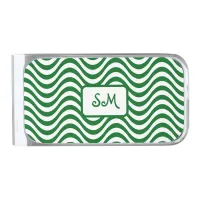 Monogram Green & White Wavy Stripes Psychedelic Silver Finish Money Clip