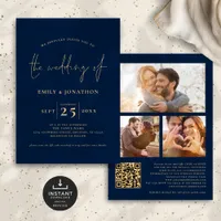 3 Photos Script QR Code Navy Blue Gold Wedding Invitation