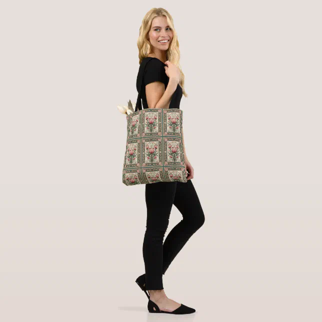 Salmon color flowers and green ornament  tote bag