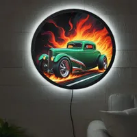 Classic hotrod with fiery flames on a dark road LED sign