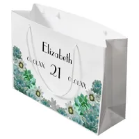 21st Birthday cactus flowers succulents white Large Gift Bag