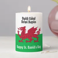 Happy St. David's Day Red Dragon Welsh Flag Pillar Candle