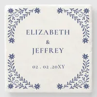 Elegant Boho Navy Floral Wedding  Stone Coaster
