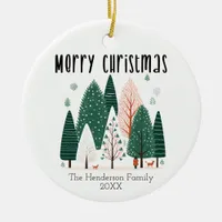 Cute Winter Pine Tree Family Christmas Card  Ceramic Ornament