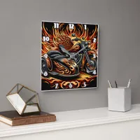 Fiery motorcycle with vibrant flames and sidecar square wall clock