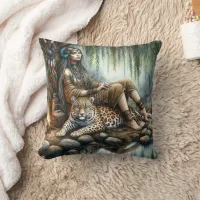 Native American Woman Relaxing by Water With Tiger Throw Pillow