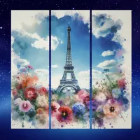 Eiffel Tower Paris Floral Watercolor | Triptych