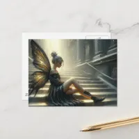Beautiful Fairy in a black dress sitting on stairs Postcard