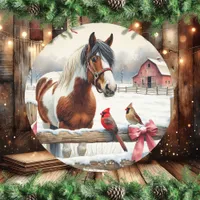 Spotted Pinto Horse and Cardinals Christmas Classic Round Sticker