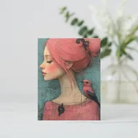 Woman with pink hair and a bird on her shoulder postcard