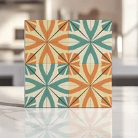 Retro Starburst Design in Teal and Terracotta Ceramic Tile