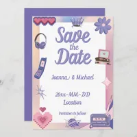 Y2K Pink Purple 2000s Retro Tech Geek Love Wedding Invitation