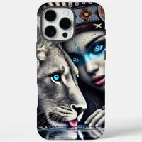 Native Warrior and Lion Under Moonlight iPhone 16 Pro Max Case